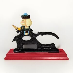 Vintage 1980s Cast Iron Nutcracker Soldier Wooden Base Christmas Holiday READ
